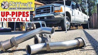 2001 F350 73  RiffRaff UpPipes Install  Stock up pipes leaking and falling apart JUNK SP [upl. by Bromley672]