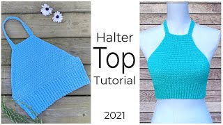 EASY Crochet HALTER Top Tutorial  How to Crochet Crop Top [upl. by Ahsima]